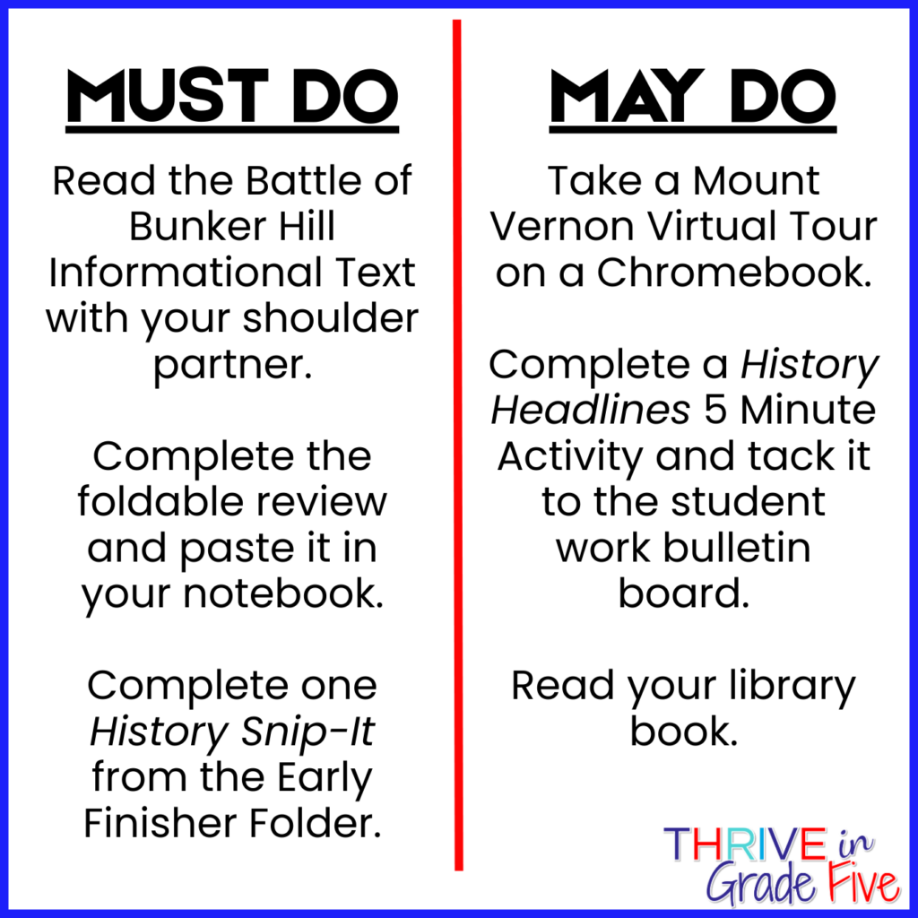 For early finishers in social studies class, a Must Do/May Do chart is a great visual for students.